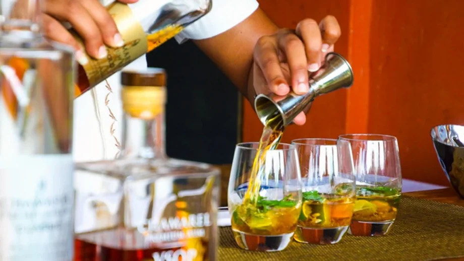 Bartender pouring liquor into 3 glasses with slices of citrus fruits