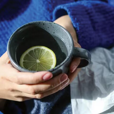hands of an alcohol-free woman wearing a blue sweater holding a cup of water with a lemon slice