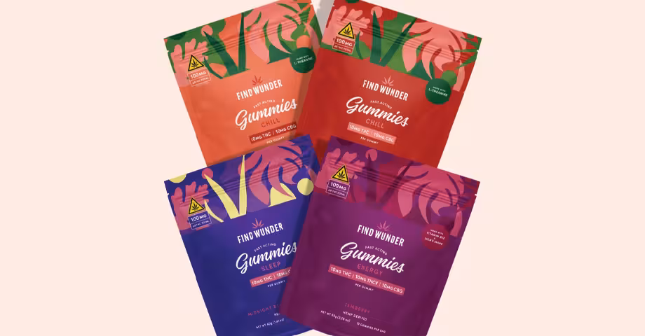 packets of Find Wunder THC gummies in different flavors for chill, sleep, and energy