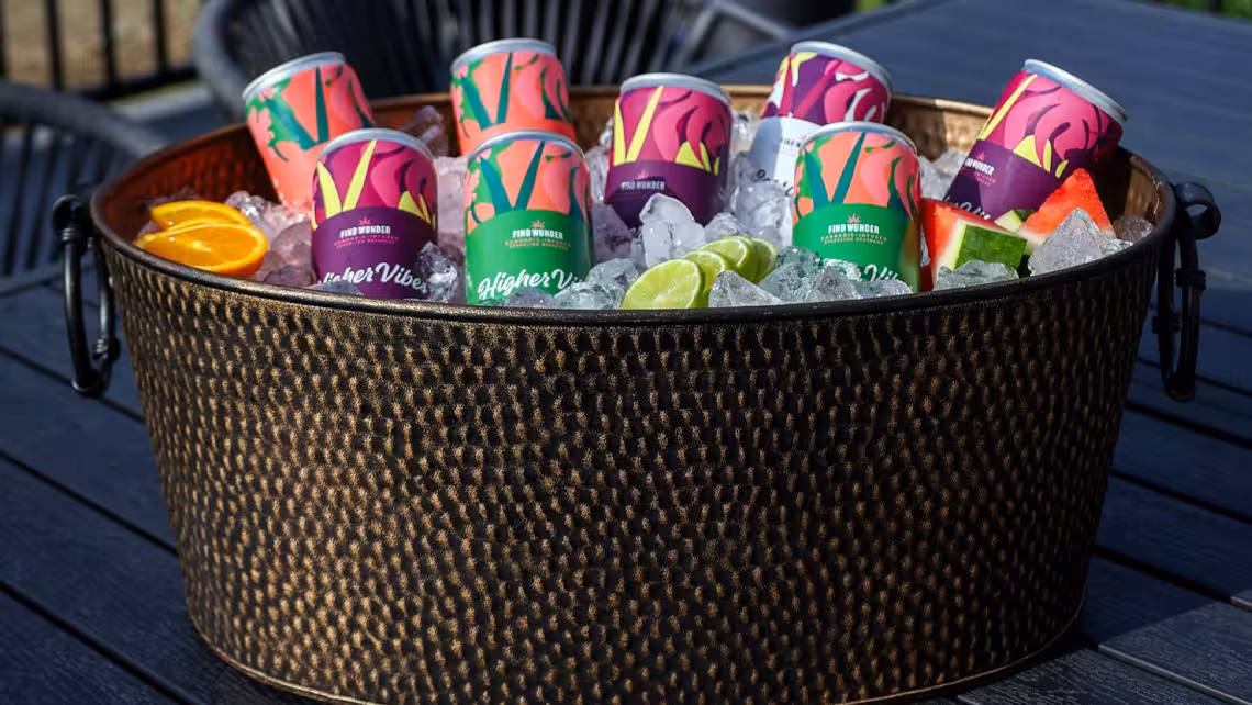 a basket filled with ice and cans of Find Wunder THC beverages in various flavors